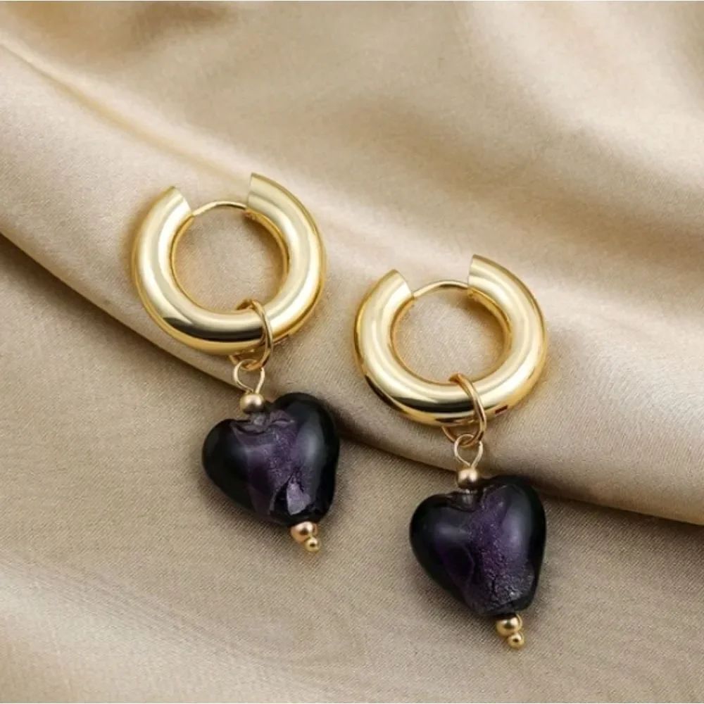 Purple Art Glass Heart Earrings